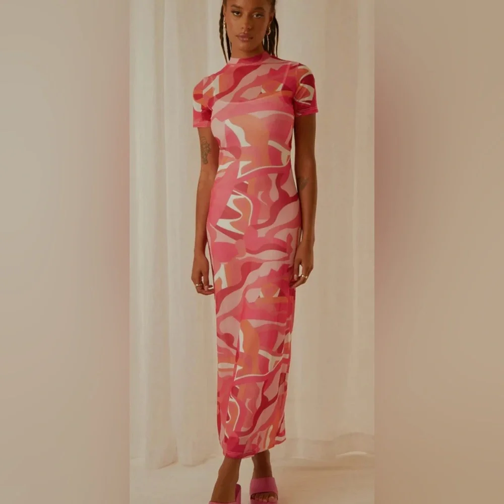 Sheer Mesh Colorful pink Maxi Dress size 6 - Picture 7 of 10